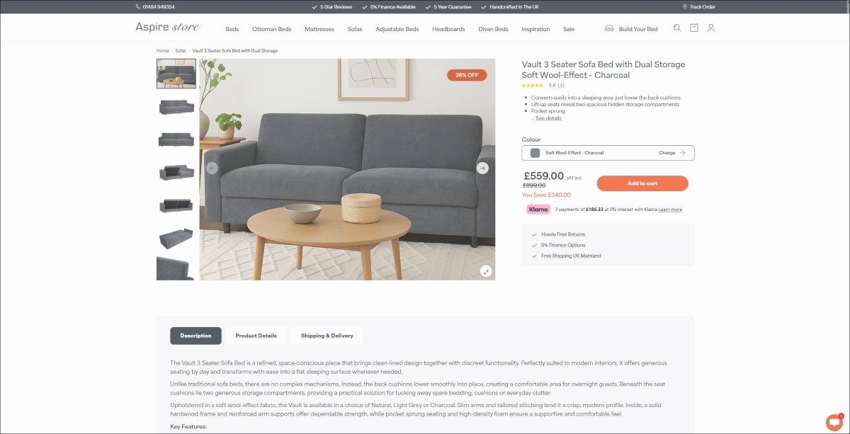 aspire vault sofa bed